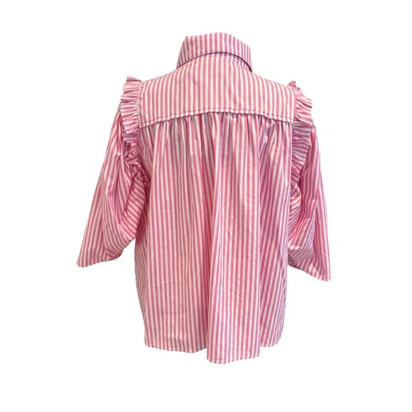 Pink & White Striped Ruffle Button-Down Blouse By Karlie Large Cotton Womens - Picture 3 of 10